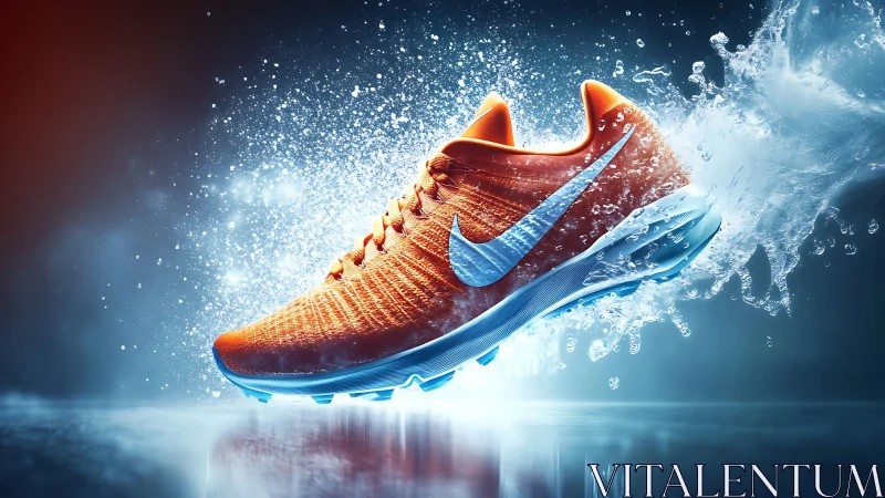 Dynamic orange running shoe in high-speed water splash motion.