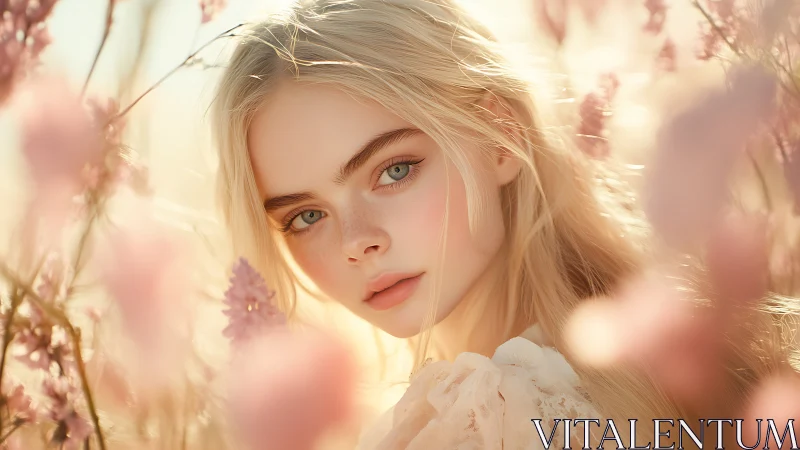 Blonde girl looks at camera through soft pink wildflowers