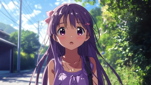 Anime girl stands on sunlit residential street in summer