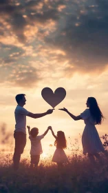 Family's Silhouetted Love Ritual Against Golden Hour Sky.