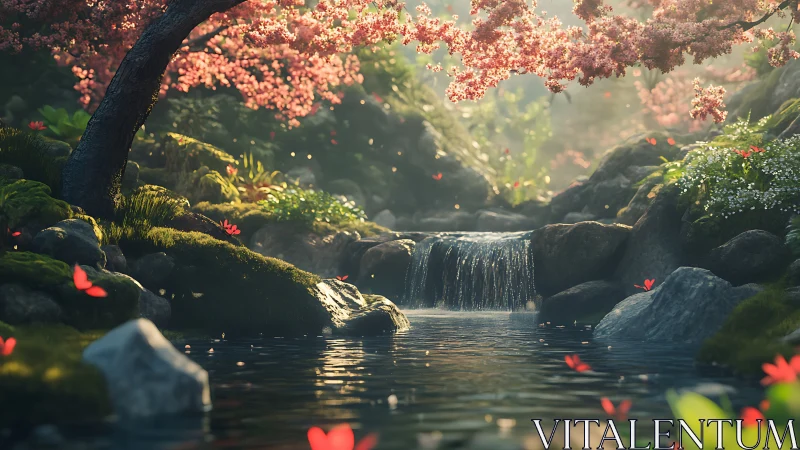 Shallow depth, volumetric-lit creek under dense cherry blossom canopy