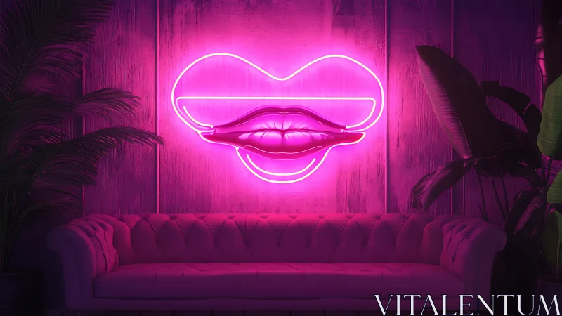 Neon lips wall art glowing over magenta velvet sofa in lounge.