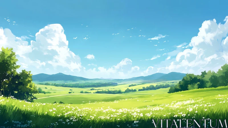 Bright green meadow under wide clouds and distant hills.