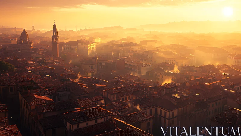 Sunlit terracotta rooftops over misty Old World cityscape.