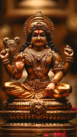 Golden multi-armed deity sculpture in ornate temple setting.