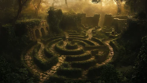 Sunlit overgrown stone labyrinth amid crumbling forest ruins.