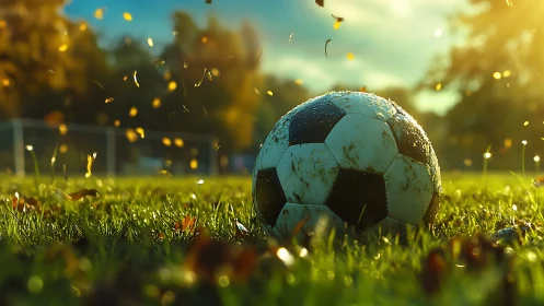 Sunlit soccer ball resting in dewy grass as autumn swirls.