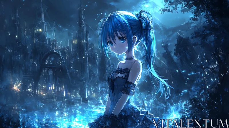 Blue-haired anime girl in luminous cyber-ruin environment.