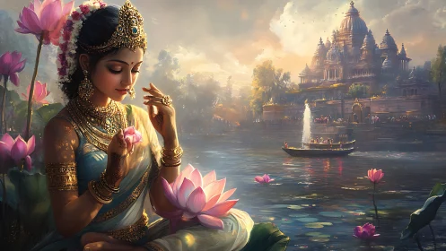 Lotus-borne goddess in jeweled serenity by temple waters.