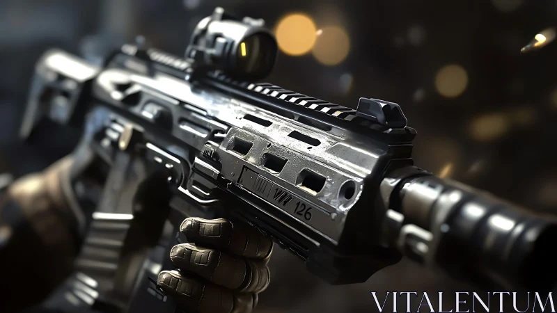 Modern tactical rifle close-up with optical sight in use.