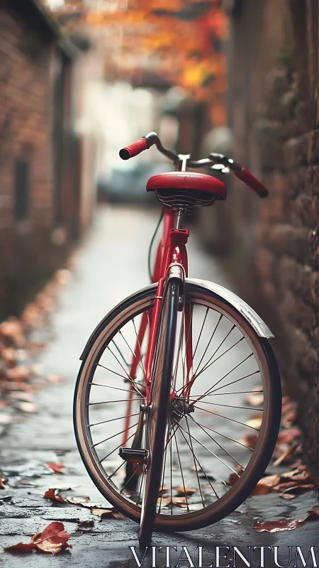Red bicycle positioned in urban alleyway with blurred architectural background.
