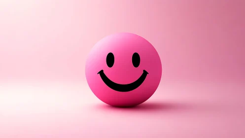 Pink smiley sphere rests on smooth monochrome background