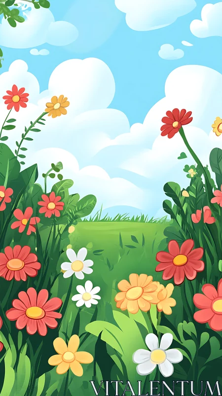 Chromatic wildflower meadow under stratified cumulus skyscape.