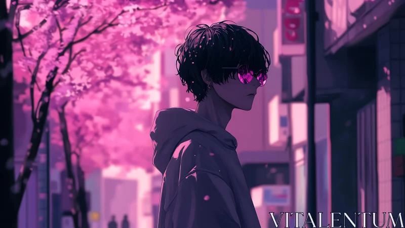 Solitary youth in sakura-lit street rendered in neon hues