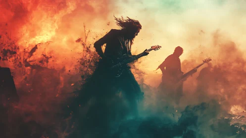 Rock guitarists stand in fiery smoke with dramatic lighting