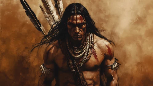 Fierce warrior in earth-toned paint and wind-tossed feathers.