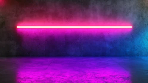 Horizontal neon light bar illuminates a concrete interior wall