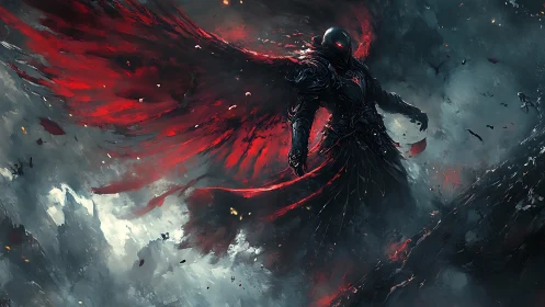 Armored fallen angel spreads burning red wings over storm