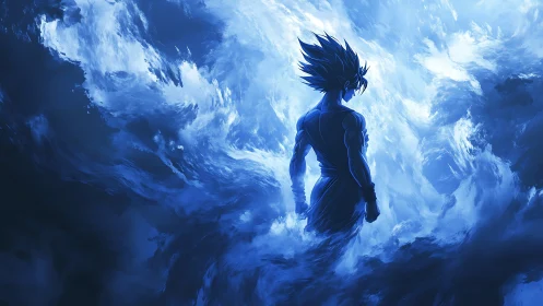 Celestial warrior silhouette immersed in swirling blue energy.
