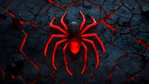 Futuristic glowing red spider on cracked dark stone background.