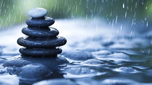 Gentle rain-kissed stones stacked in peaceful balance.