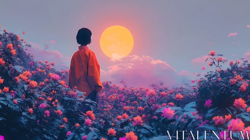 Sun-bloomed wanderer studies a neon dusk over wildflowers