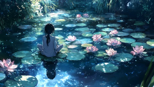 Solitary figure meditates on moonlit lotus pond of silence