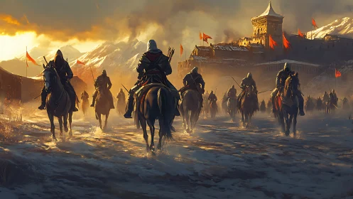 Mounted warriors advance toward fortified snowbound citadel.