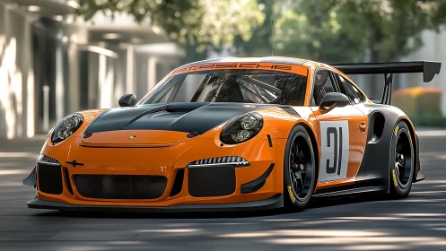 Orange and black Porsche race car on urban street. Period.