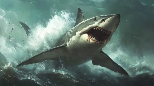 Ferocious great white shark erupting through stormy seas.