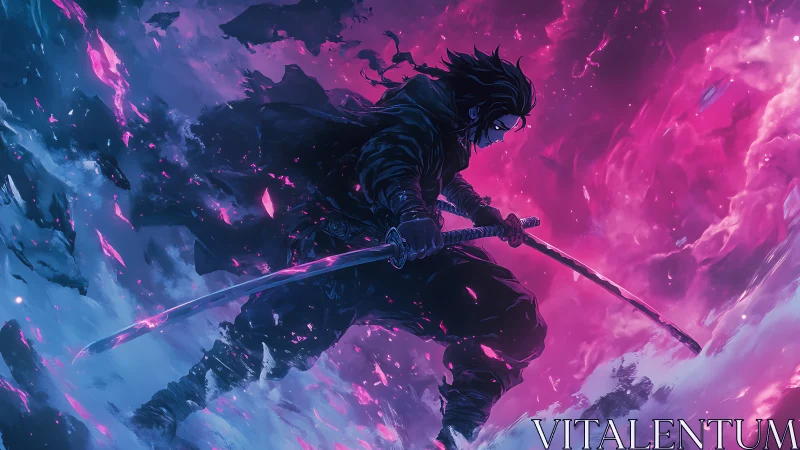 Sword-wielding figure in neon storm-like energy field.