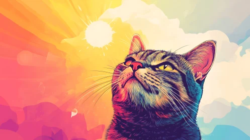 Radiant Feline Gazing at Colorful Skies.