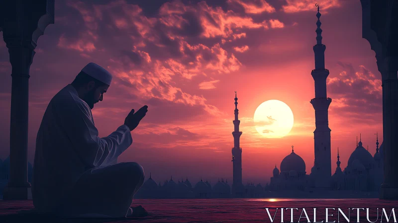 Man in prayer before mosque skyline at sunset light.