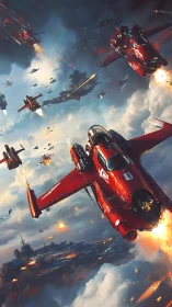 Scarlet strike fighters diving over storm-lit carrier warzone.