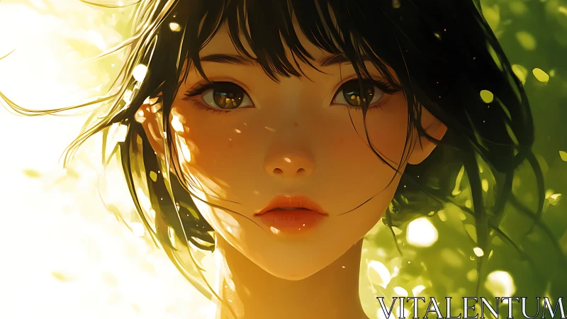 Sunlit anime portrait of girl with short dark hair.