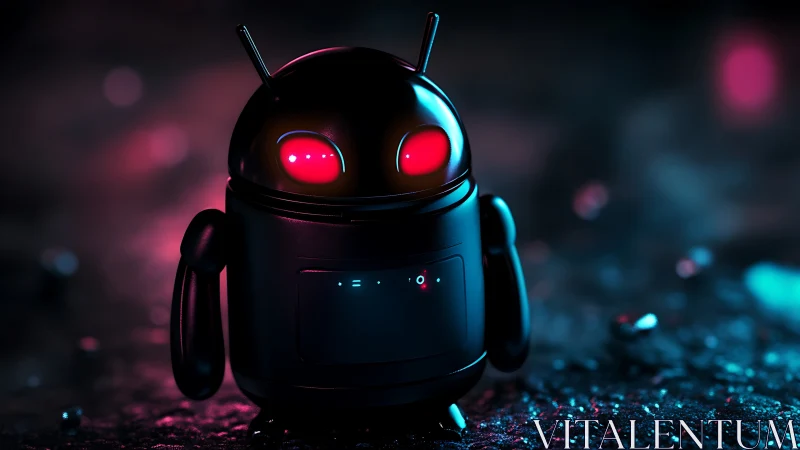 Cute black robot glows with neon red eyes in cyberpunk light