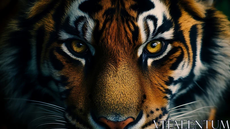 Tiger eyes lock in a piercing, golden gaze under shadows.