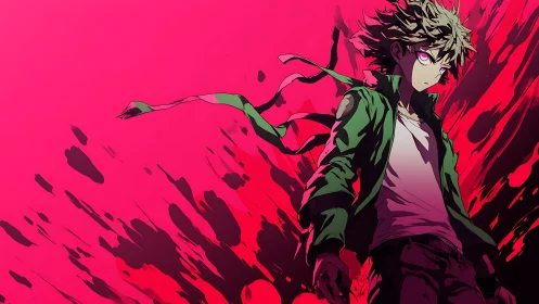 Anime boy with glowing eyes stands before violent red splash