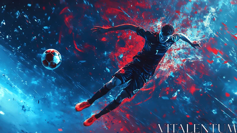 Dynamic digital painting of soccer striker in neon motion field.
