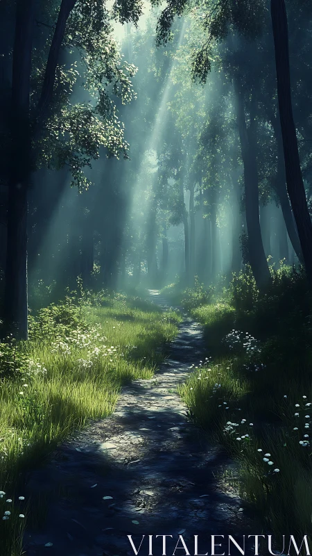 Sunlit stream winds through misty cathedral forest.