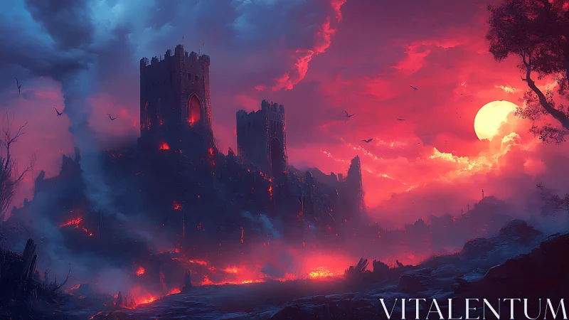 Volcanic siege fortress under bi-chromatic apocalyptic sky.