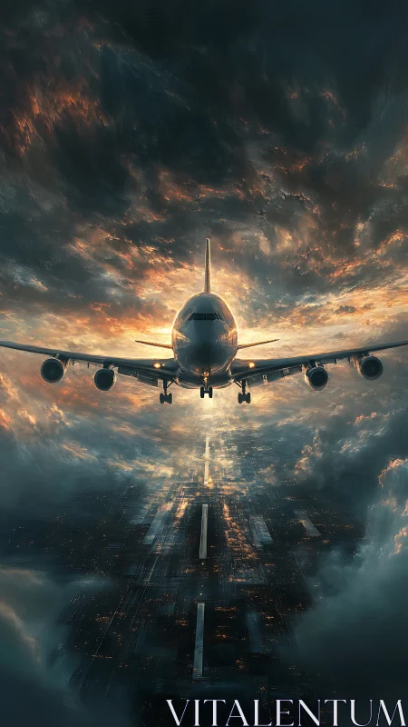 Concept art of jet landing on luminous runway at dusk sky.