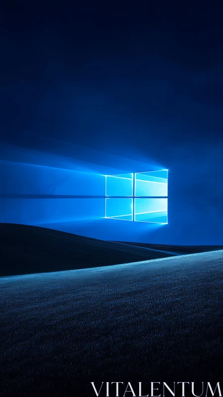 Luminous window logo over minimal blue digital landscape.