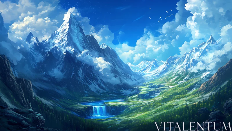 Soaring snow peaks welcome a bright valley of rivers and light