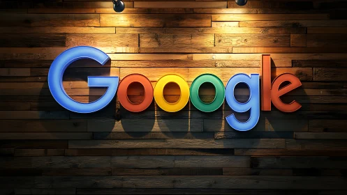 Glowing Google logo against a cozy wooden wall backdrop.