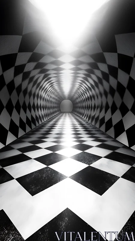 Monochrome checkered tunnel corridor with intense vanishing light
