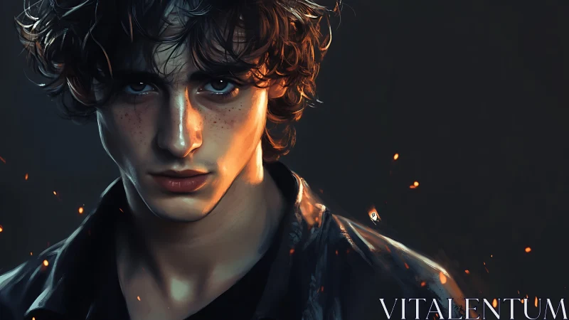 Brooding ember-eyed youth framed in molten dusk light.