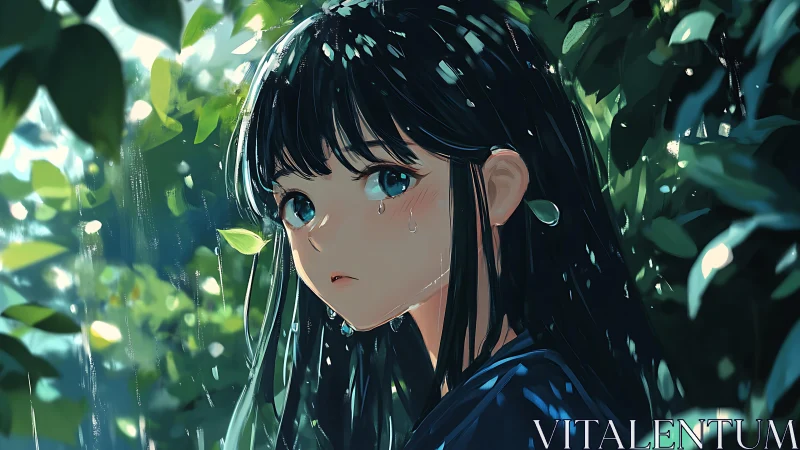 Raindrops linger as a quiet blue gaze cuts through green hush