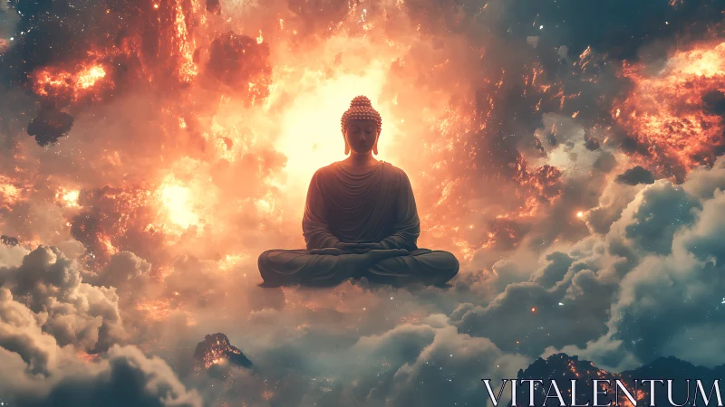 Meditating Buddha statue floats serenely in cosmic storm