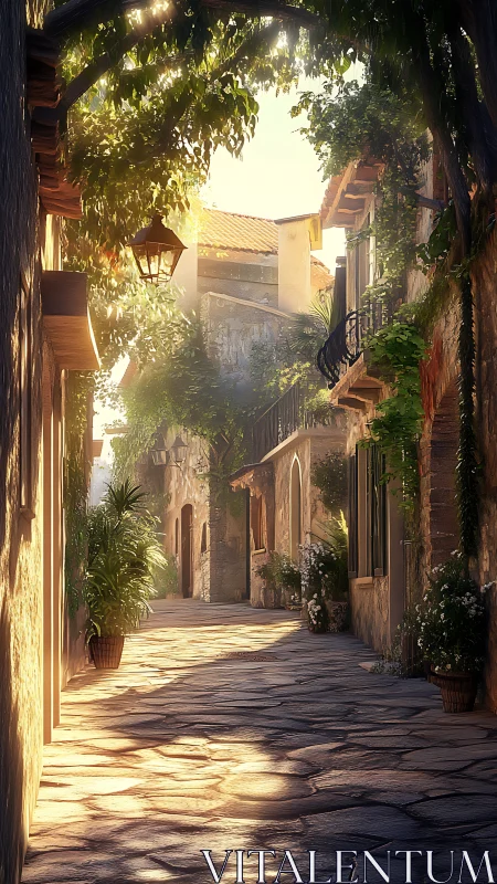 Mediterranean stone alleyway under dappled luminous canopy.